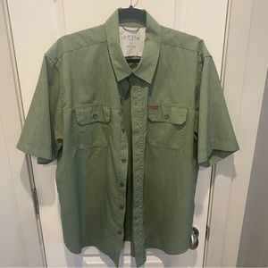 Orvis Men’s XL Chambray Olive Short-Sleeved Polyester Work Shirt Double Pockets